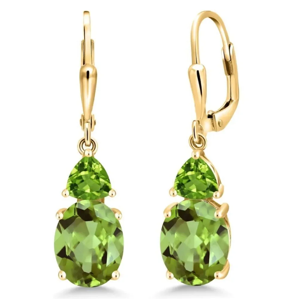 18K Yellow Gold with 6.56 Cttw Green Peridot Leverback Dangling Drop Earrings